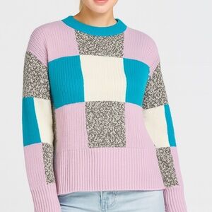 Patchwork Crew Neck Sweater in Purple, Green, and Cream